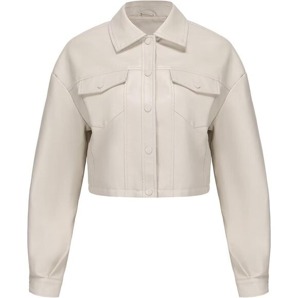 🆕Women Beige Cropped Moto Biker Short Comfortable Faux Leather Fashion Jacket - Picture 6 of 8